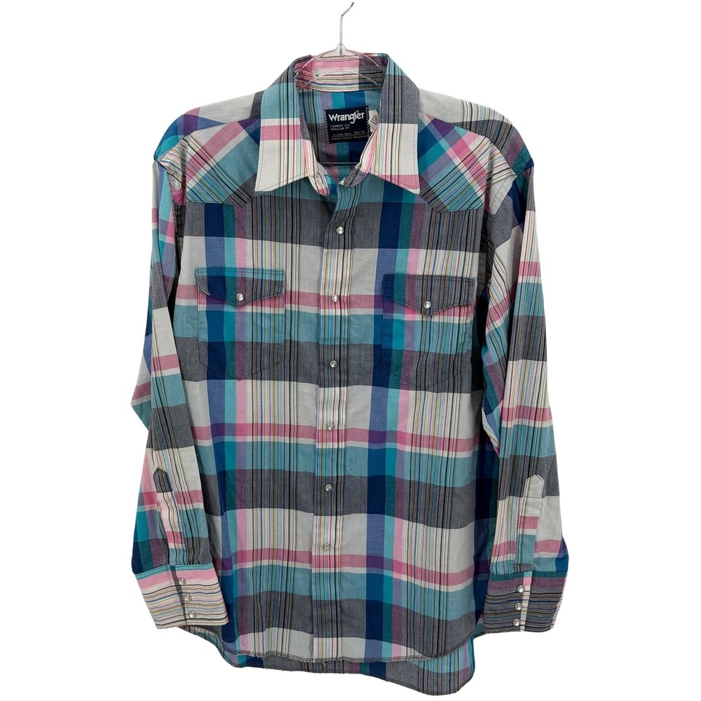 Wrangler Shirt Mens 16.5 34 Blue Pink Plaid Cowboy Cut Western Vintage Country